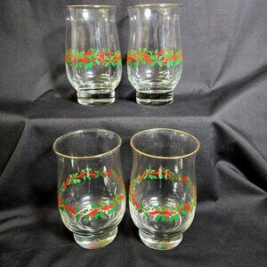 Vtg Libbey Holly Berry Christmas 14oz Tumblers Gold Rim Set of 4 Vintage Holiday